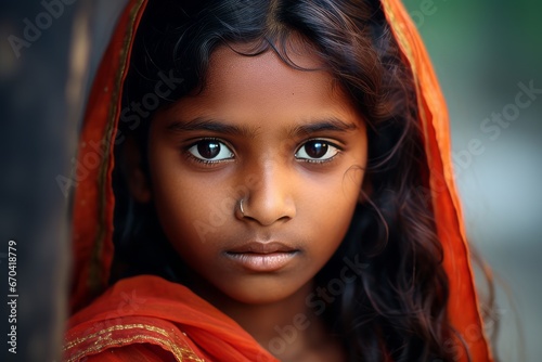 Portrait of a beautiful young Indian girl in a red sari