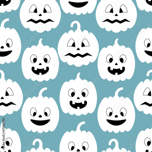 Pumpkin. White Halloween symbols. Ghostly silhouettes of vegetables with different grimaces. Seamless vector pattern. Repeating Halloween ornament on a blue background. Flat style. Jack-o'-lantern. 