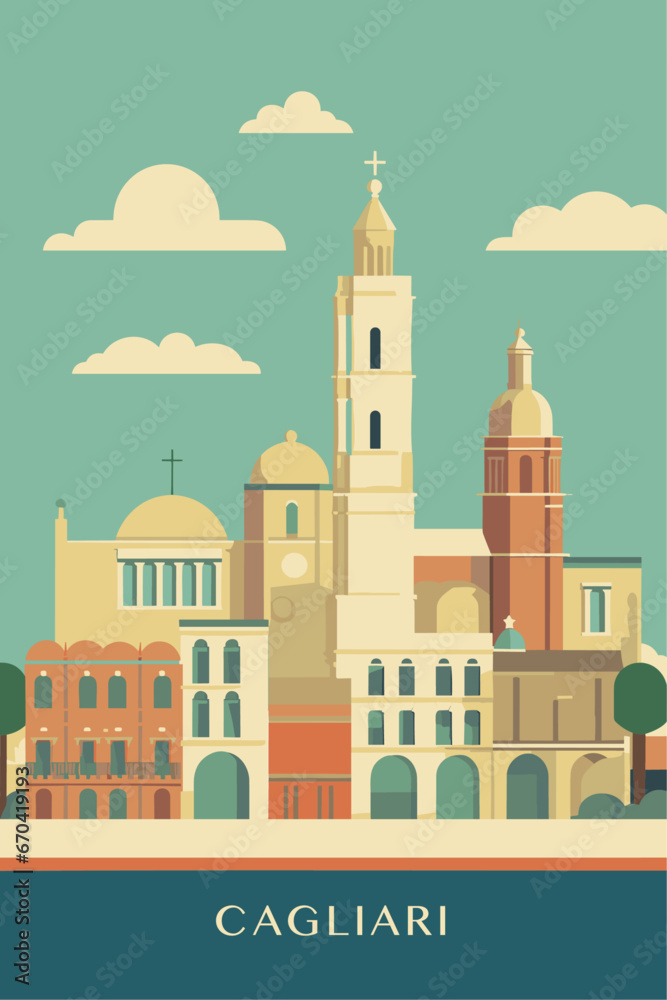 Italy Cagliari city retro poster with abstract shapes of skyline, landmarks, houses and street view. Vintage cityscape travel vector illustration of Sardinia region panorama