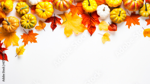 Autumn frame. Colorful maple leaves and pumpkins on white background. Flat lay, top view, copy space. Autumn fall, harvest, thanksgiving concept photo