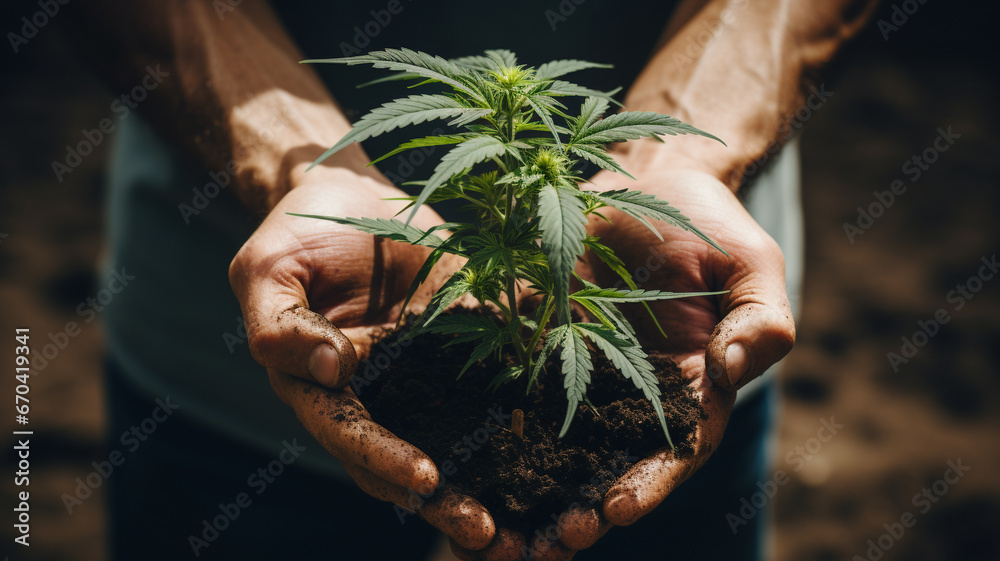 Farmer hands holding a medical marijuana plant - obrazy, fototapety, plakaty 