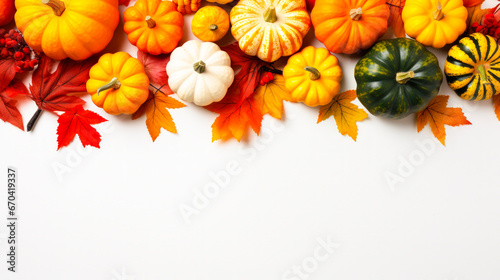 Autumn frame. Colorful maple leaves and pumpkins on white background. Flat lay, top view, copy space. Autumn fall, harvest, thanksgiving concept