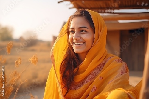 Portrait of a beautiful muslim woman sitting on a wheat field photo