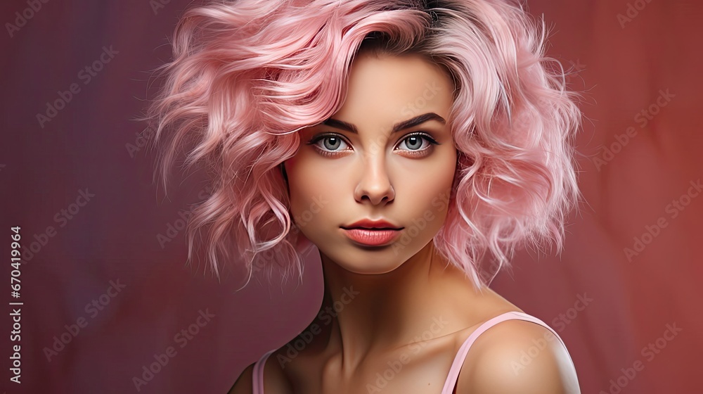 Beautiful model girl with short hair. Beauty smiling woman with blonde curly hairstyle dye. Fashion, cosmetics and makeup. Model illustration. Generative AI Beautiful model girl with short hair. Beauty smiling woman with blonde curly hairstyle dye. Fashion, cosmetics and makeup. Model illustration. Generative AI