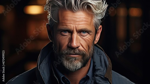 Close up portrait of an elegant senior man blue eyed and with grey hair on background. Man face portrait illustration. Generative AI