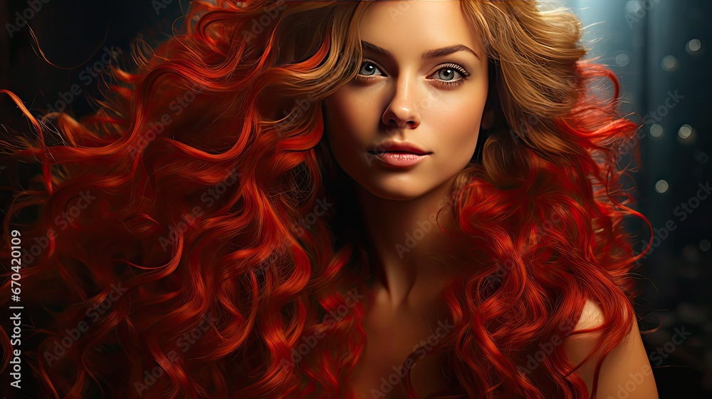 Beautiful woman with long and shiny wavy hair. Beauty model girl with curly hairstyle and red manicure nails. Model illustration. Generative AI