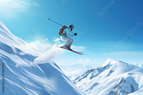 Skier Jumping In Freeride Skiing Against Blue Sky photo