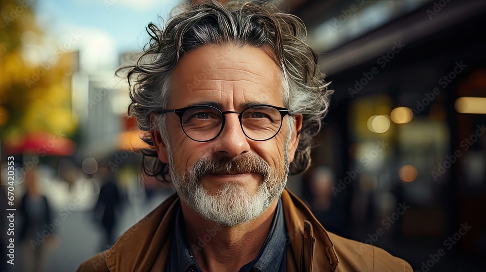 Portrait of happy mature man wearing spectacles and looking at camera outdoor. Man with beard and glasses feeling confident. Model portrait illustration. Generative AI Portrait of happy mature man wearing spectacles and looking at camera outdoor. Man with beard and glasses feeling confident. Model portrait illustration. Generative AI