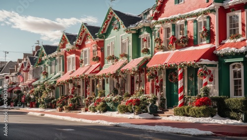 The houses on this street are decorated in a range of festive hues and designs, from traditional red and green to whimsical candy cane stripes, creating a visual feast for the eyes