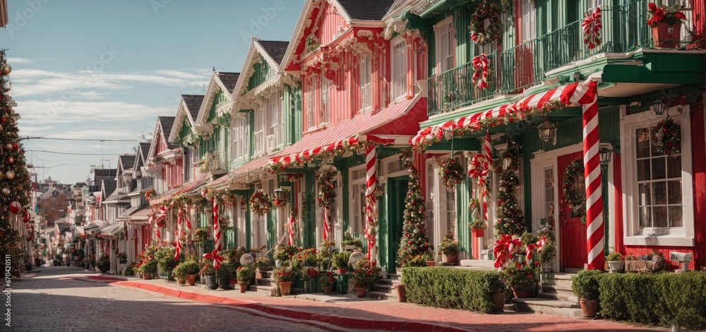 The houses on this street are decorated in a range of festive hues and designs, from traditional red and green to whimsical candy cane stripes, creating a visual feast for the eyes