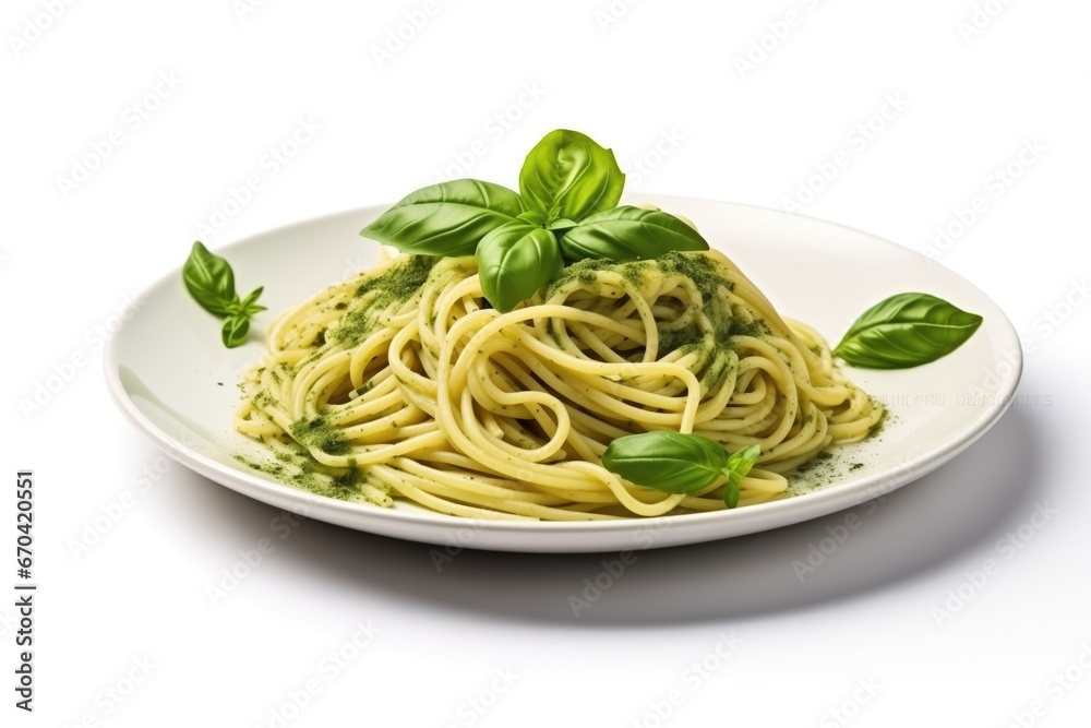 Spaghetti With Pesto And Basil On White Plate Spaghetti With Pesto And Basil On White Plate