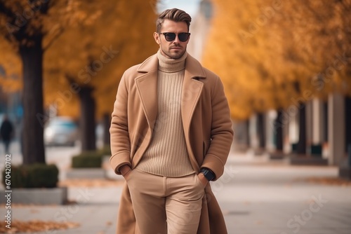 Stylish Man In Autumn Fashion On City Street