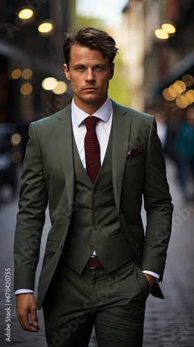 Handsome male model in checked suit walking on the street. Model illustration. Generative AI