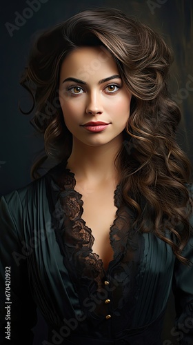 Portrait of a beautiful brunette woman with long wavy hair. Model illustration. Generative AI © tanyastock