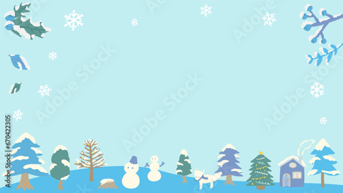 Christmas winter landscape with snow, background frame, hand drawn cute illustration / クリスマスツリーのある冬の風景、背景フレーム、手描きのかわいいイラスト