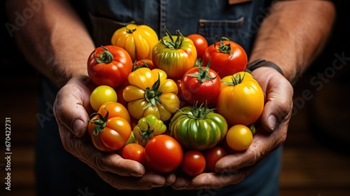 Agricultural hands showing harvested heirloom tomatoes