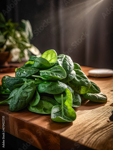 Fresh spinach leaves on rustic wooden table