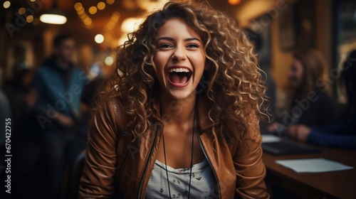 Close up portrait of happy beautiful woman at bar  background. AI Generative photo