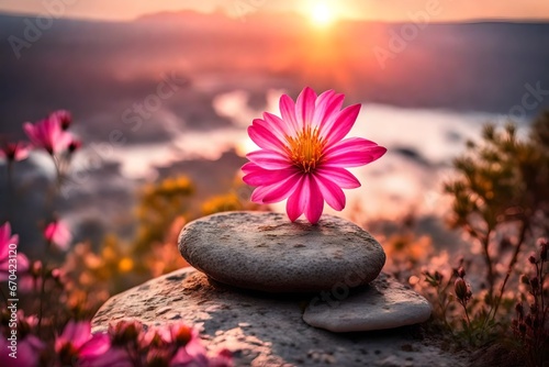 stone and pink flower with sunset background 