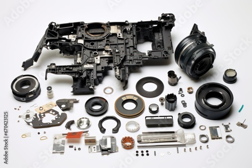 Photograph of a disassembled camera with all visible internal components.