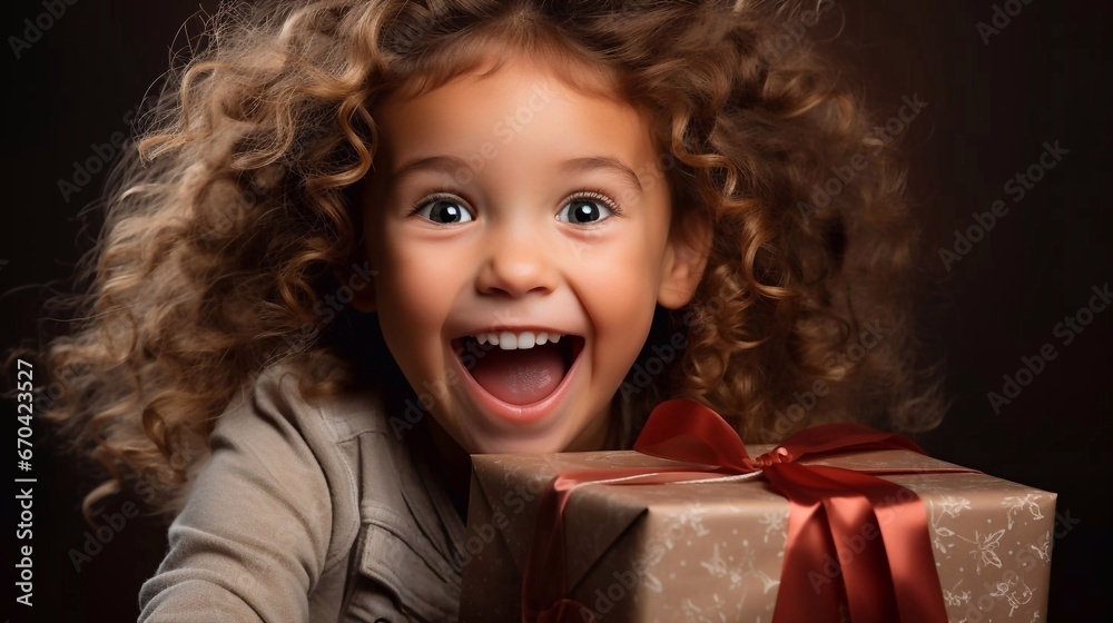 Happy kid girl with gift box. AI generation Happy kid girl with gift box. AI generation