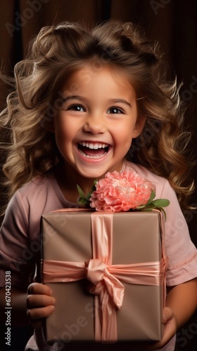 Happy kid girl with gift box. AI generation