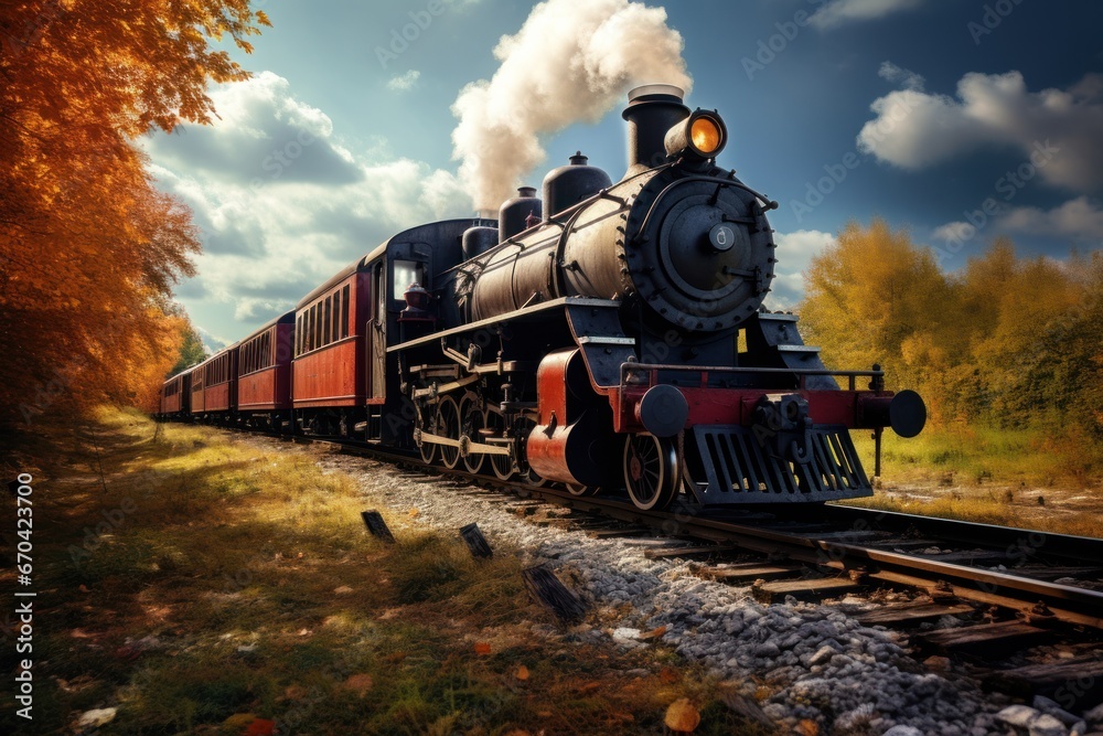 Vintage steam train with vintage locomotive and old carriages running on railway tracks in countryside wide angle lens.