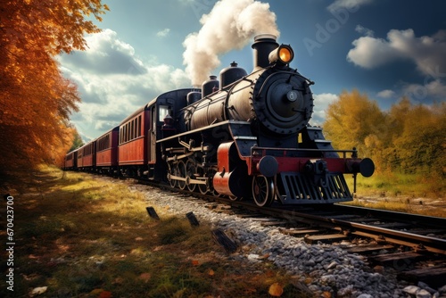 Vintage steam train with vintage locomotive and old carriages running on railway tracks in countryside wide angle lens.