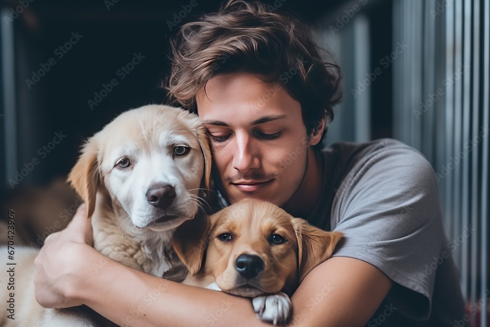 Volunteer Cuddling Rescued Dogs At Animal Shelter Volunteer Cuddling Rescued Dogs At Animal Shelter