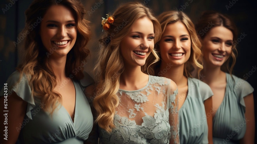 Obraz premium Portrait of bridesmaids, bachelorette party before the wedding. AI generated