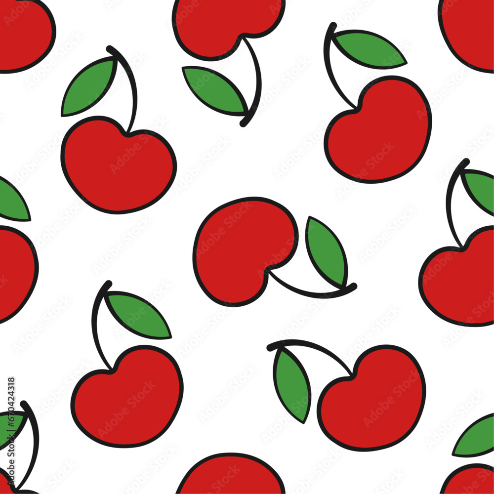 Cherry vector seamless pattern. Red berries with green leaves on white background. Cherry vector seamless pattern. Red berries with green leaves on white background.