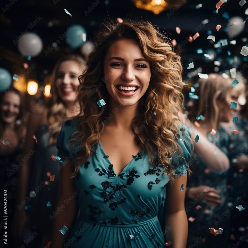 Happy beautiful woman at a graduation party among confetti.  AI generated