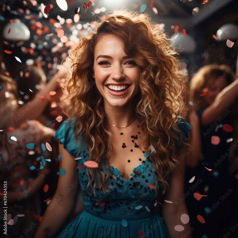 Portrait of Happy young girl in celebrates at a birthday party among confetti. AI generated Portrait of Happy young girl in celebrates at a birthday party among confetti. AI generated