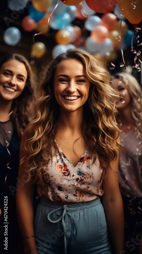 Happy beautiful woman at a graduation party among confetti. AI generated