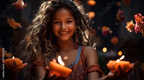 Portrait of Indian beautiful girl, wearing in traditional clothes, with candles in hands. Celebrating Indian Festival Diwali. AI generated