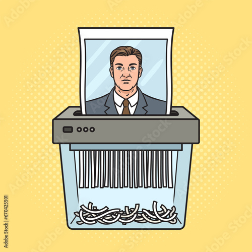 photo of man destroyed by shredder pop art retro hand drawn vector illustration. Comic book style imitation.