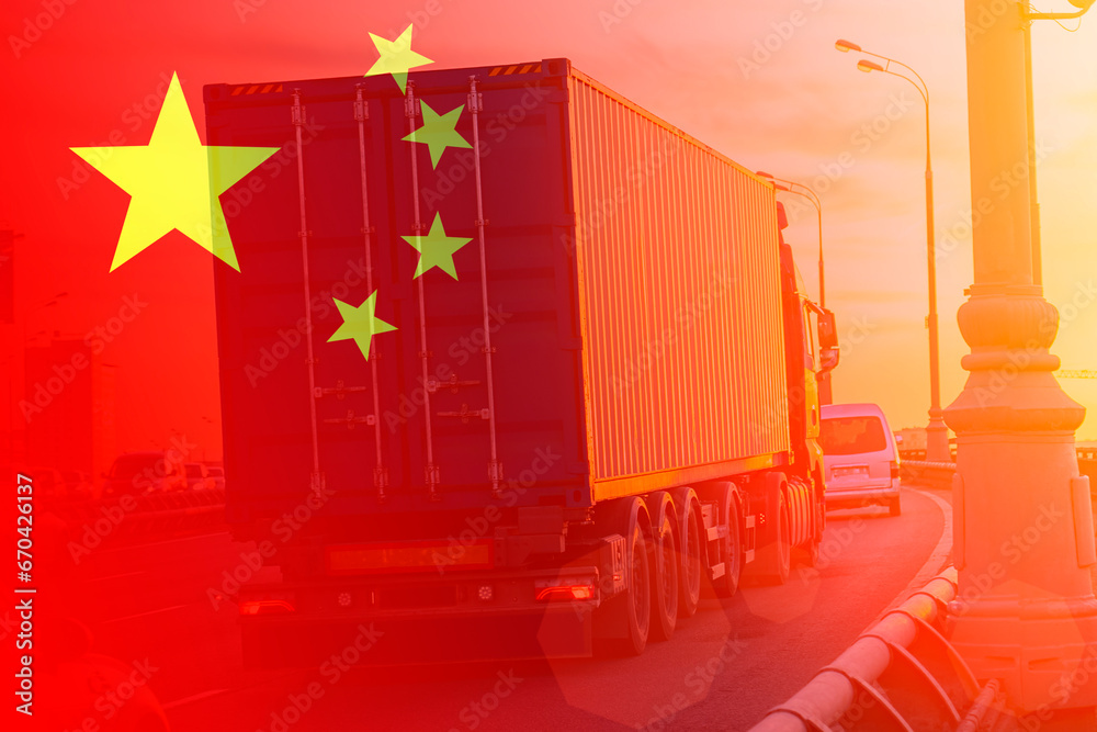 truck with sea container and china flag on background, cargo concept from china truck with sea container and china flag on background, cargo concept from china