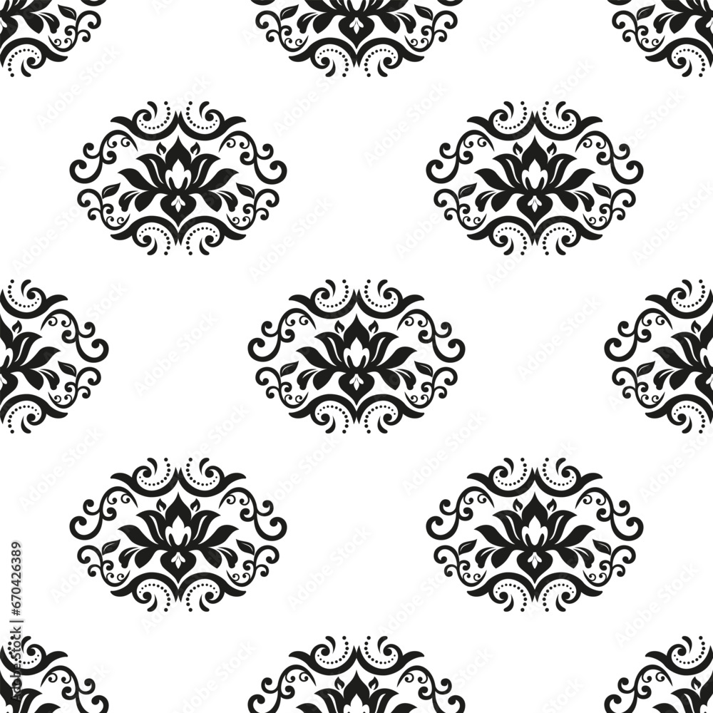 Floral vector black and white ornament. Seamless abstract classic background with flowers. Pattern with repeating floral elements. Ornament for wallpaper and packaging