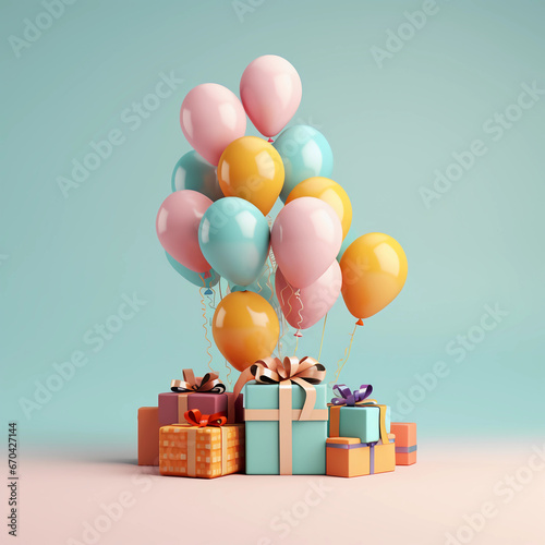 New year, Anniversary and Birthday party decoration, Party background, Colorful pastel balloons, confetti and gift boxes, generative Ai