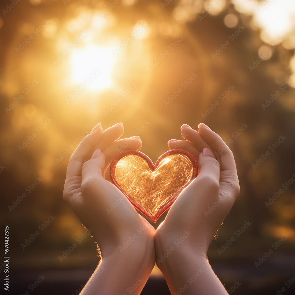 Hands making sign Heart by fingers and sunlight. Love concept on Valentine day, Happiness moment, Health care, donate, family insurance, World heart day, Health day, Hope, Kindness. Generative AI. Hands making sign Heart by fingers and sunlight. Love concept on Valentine day, Happiness moment, Health care, donate, family insurance, World heart day, Health day, Hope, Kindness. Generative AI.