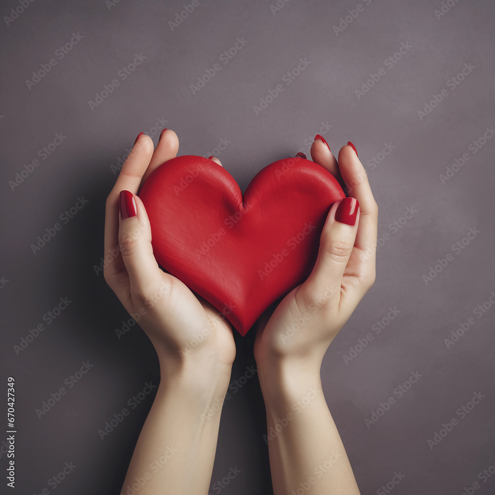 Woman hands holding red heart, Happiness moment, Health care, donate and family insurance concept, World heart day, world health day, Hope, Gratitude, Kindness, Valentine's Day. Generative AI. Woman hands holding red heart, Happiness moment, Health care, donate and family insurance concept, World heart day, world health day, Hope, Gratitude, Kindness, Valentine's Day. Generative AI.