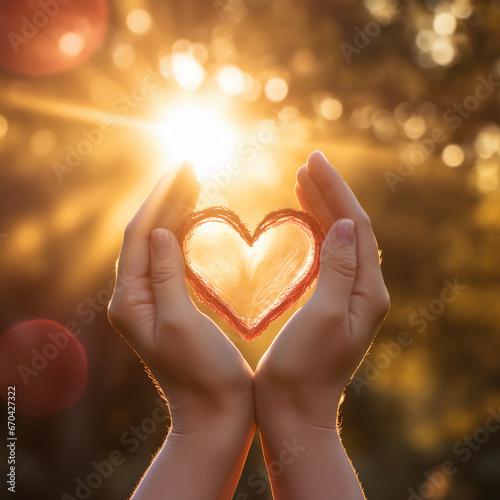 Hands making sign Heart by fingers and sunlight. Love concept on Valentine day, Happiness moment, Health care, donate, family insurance, World heart day, Health day, Hope, Kindness. Generative AI.