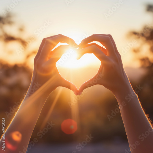 Hands making sign Heart by fingers and sunlight. Love concept on Valentine day  Happiness moment  Health care  donate  family insurance  World heart day  Health day  Hope  Kindness. Generative AI.