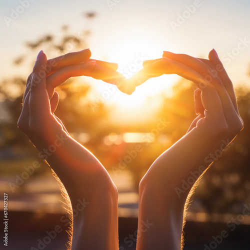 Hands making sign Heart by fingers and sunlight. Love concept on Valentine day, Happiness moment, Health care, donate, family insurance, World heart day, Health day, Hope, Kindness. Generative AI.