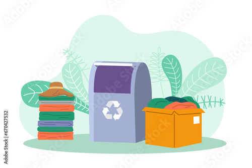Recycling clothes. Vector illustration. Pollution caused by textile industry requires urgent attention and social action Embracing circular cycle clothing production and recycling is essential