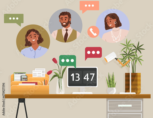 Video conference. Vector illustration. The discussion during video conference can be as engaging as in-person meeting Conducting interviews through video conferences saves time and resources