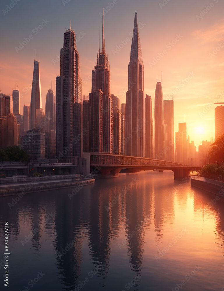Naklejka premium Building City And Sunset