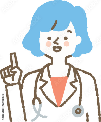 笑顔で説明している白衣を着た女性_色