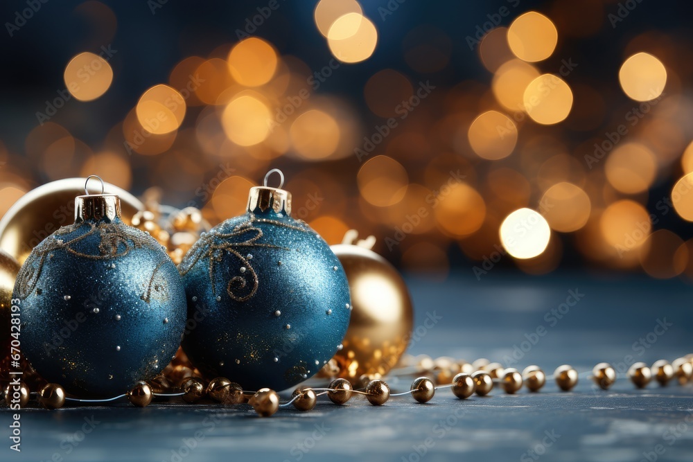 Merry Christmas banner. Xmas template for posters, flyers, covers and invitation. Beautiful Winter Holiday Template with Christmas gold and blue balls on gradient blue background with bokeh effect
