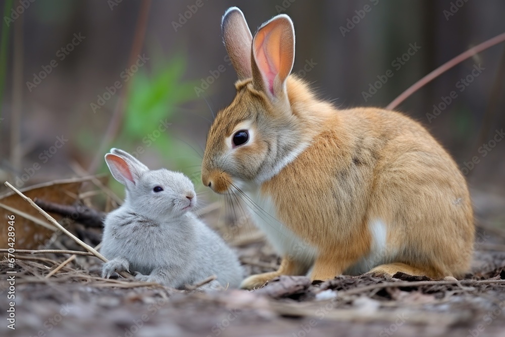young squirrel being groomed by an adult rabbit